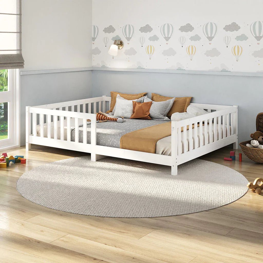 Cama Montessoriana Casal com Grade Eva – 100% Madeira Maciça Branca [Suporta 220kg]