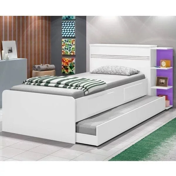 Cama Solteiro Multifuncional com Baú, 2 Gavetas e Auxiliar – 100% Madeira Maciça Branca [Jade Premium]