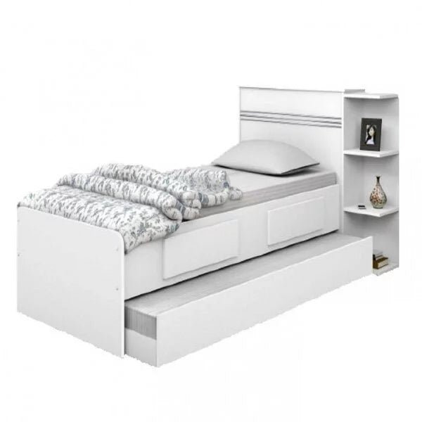 Cama Solteiro Multifuncional com Baú, 2 Gavetas e Auxiliar – 100% Madeira Maciça Branca [Jade Premium]