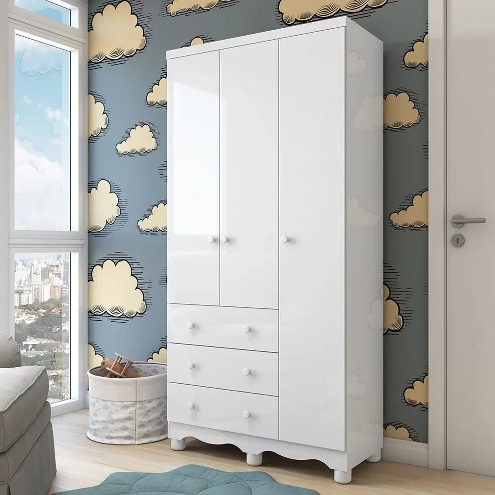 Guarda-Roupa Infantil Mimo 3 Portas e 3 Gavetas – 100% MDF Branco Brilho [Kit Rodapé Duplo]