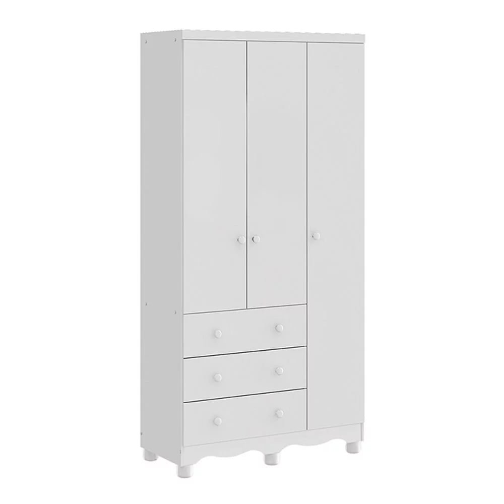 Guarda-Roupa Infantil Mimo 3 Portas e 3 Gavetas – 100% MDF Branco Brilho [Kit Rodapé Duplo]