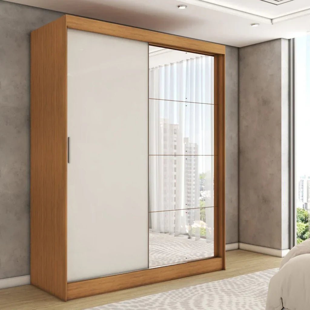 Guarda-Roupa Solteiro Espaçoso 2 Portas de Correr com Espelho e 4 Gavetas – 100% MDF [Cinamomo/Off White]
