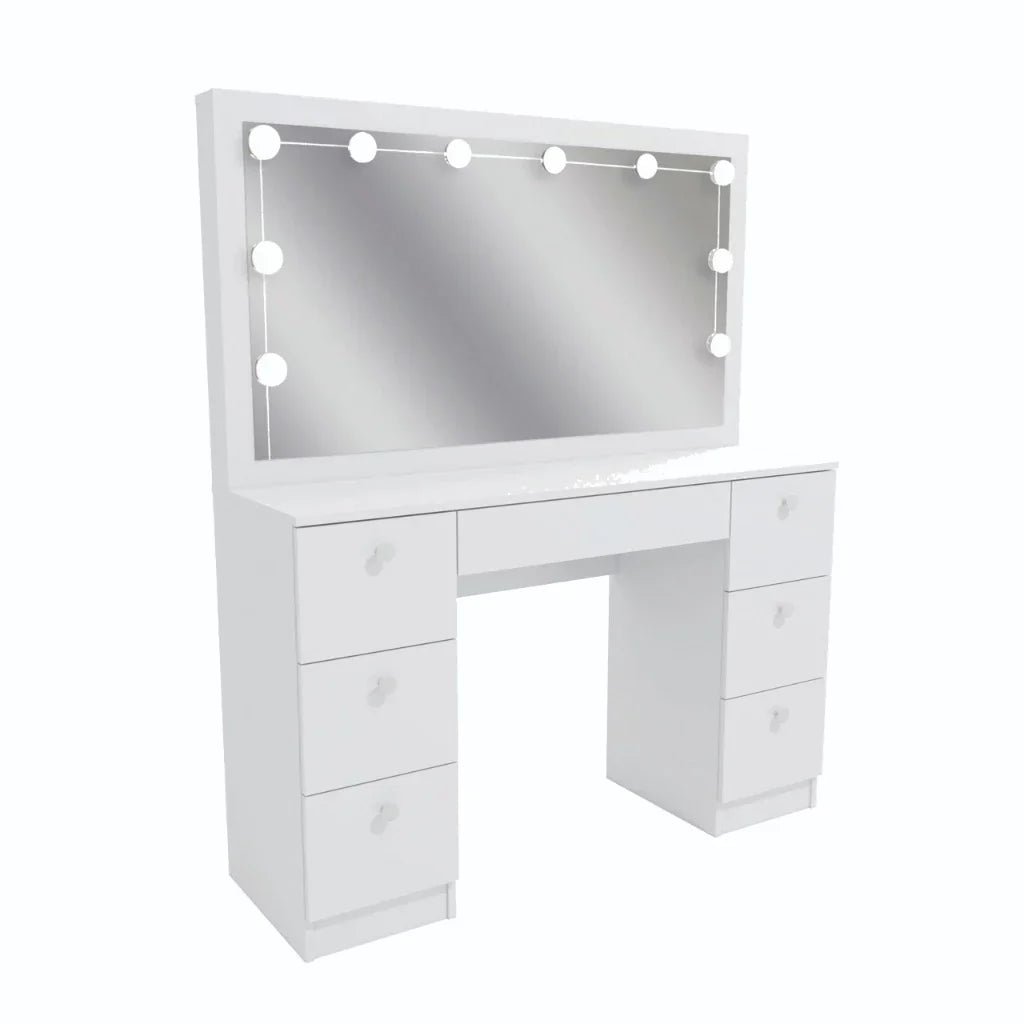 Penteadeira Camarim 7 Gavetas com Espelho e Kit LED Profissional – 100% MDF Branco [Iluminação 3 Tons]