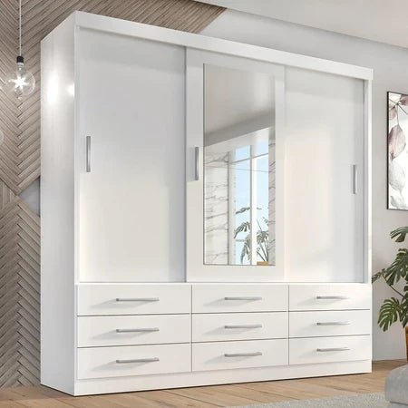 Guarda Roupa Casal Capri 3 Portas Correr 9 Gavetas Com Espelho