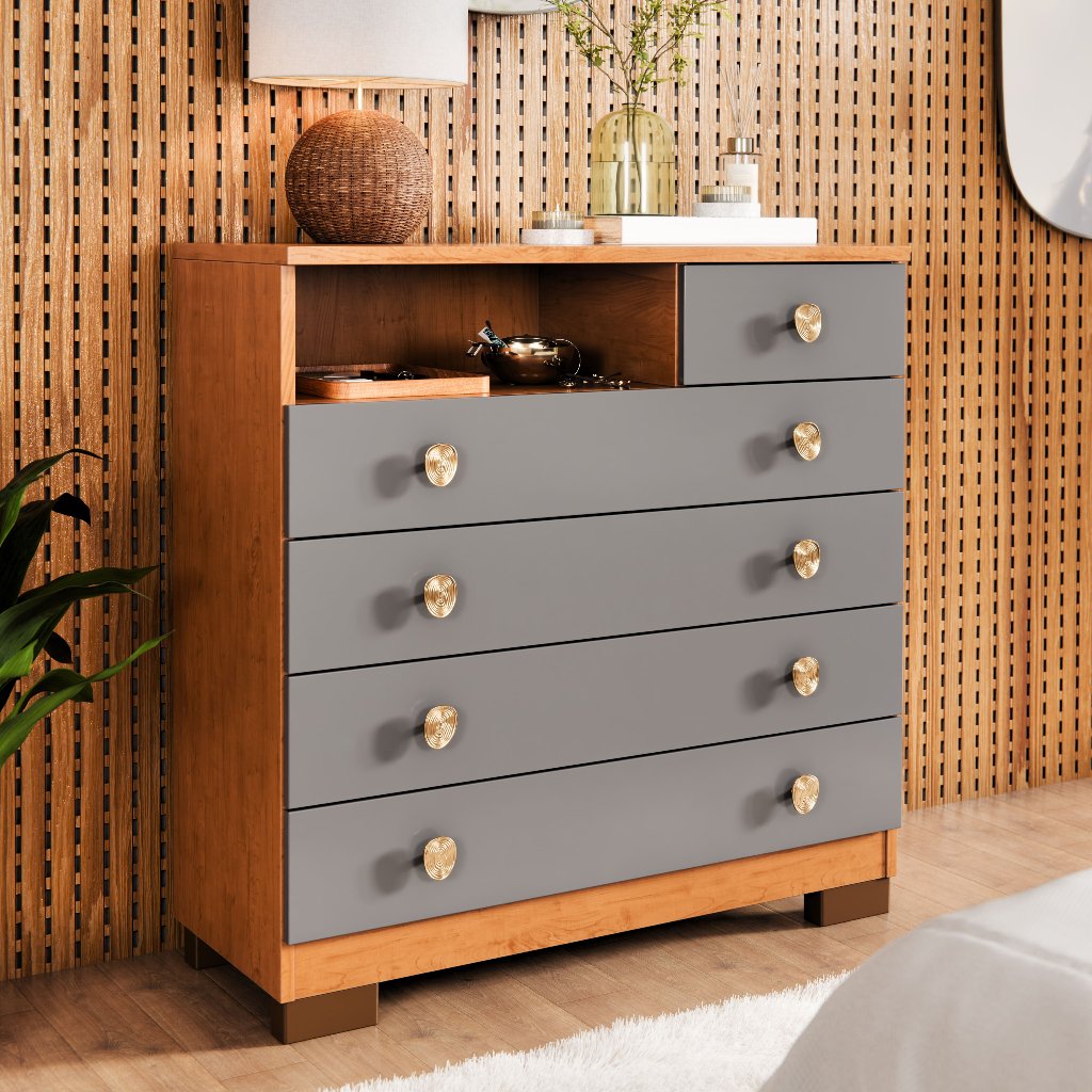Cômoda 5 Gavetas Grande Para Quarto Casal Com Pés E Corrediças Telescópicas Guarda Roupas Select