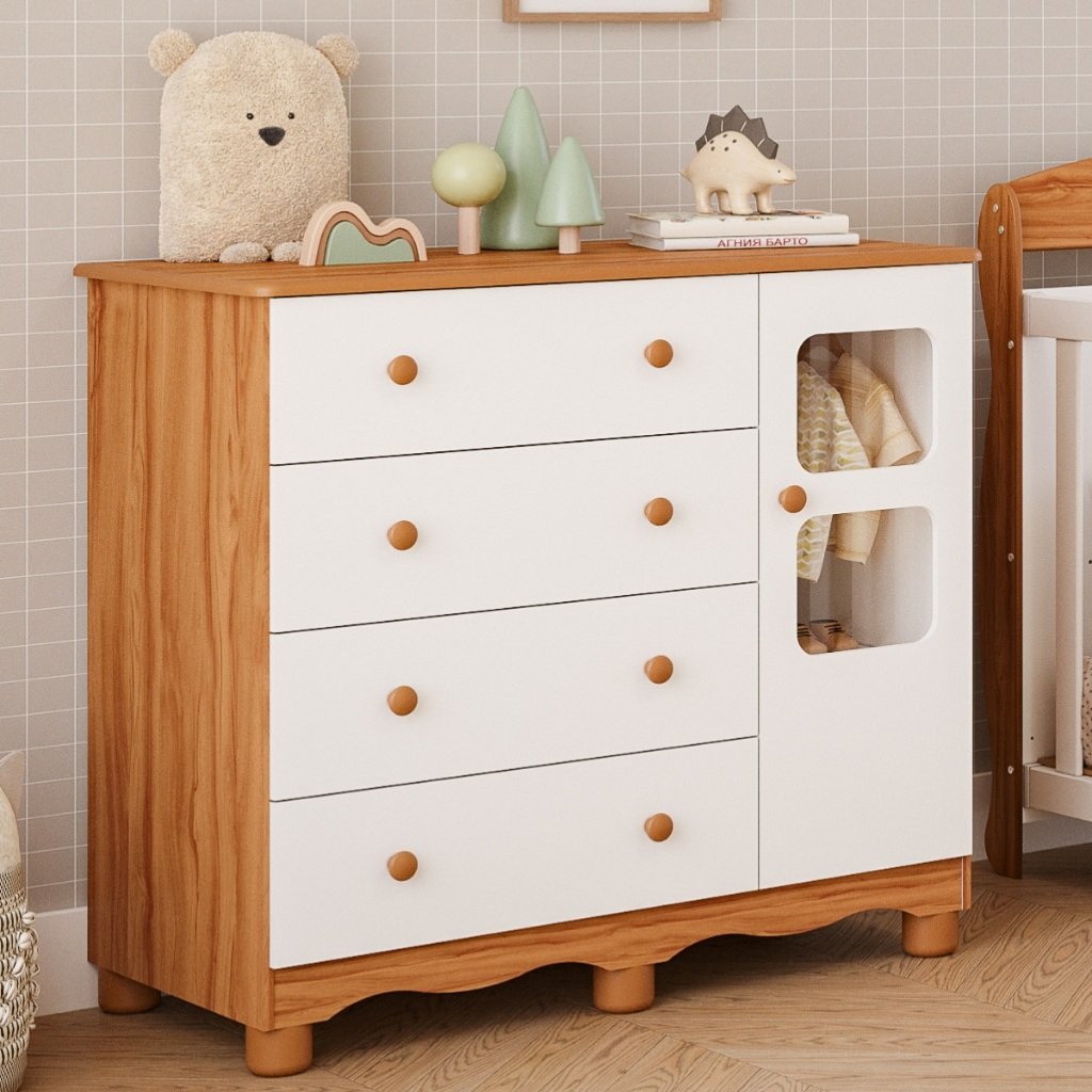 Cômoda de Bebê Infantil 1 Porta com Janela 4 Gavetas 100% MDF