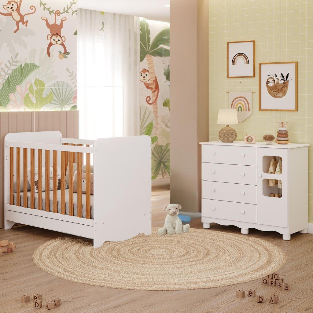 Quarto de Bebê Completo com Berço Americano Ben 3 Em 1 Cômoda Uli 4 Gavetas 100%MDF